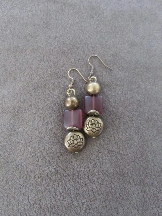 Bronze and purple frosted glass earrings, lotus flower