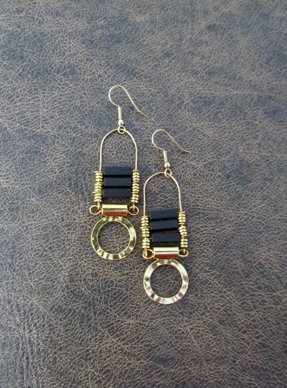 Chandelier earrings Afrocentric black stone and gold, ethnic statement earrings, chunky bold earrings, modern African earrings 2