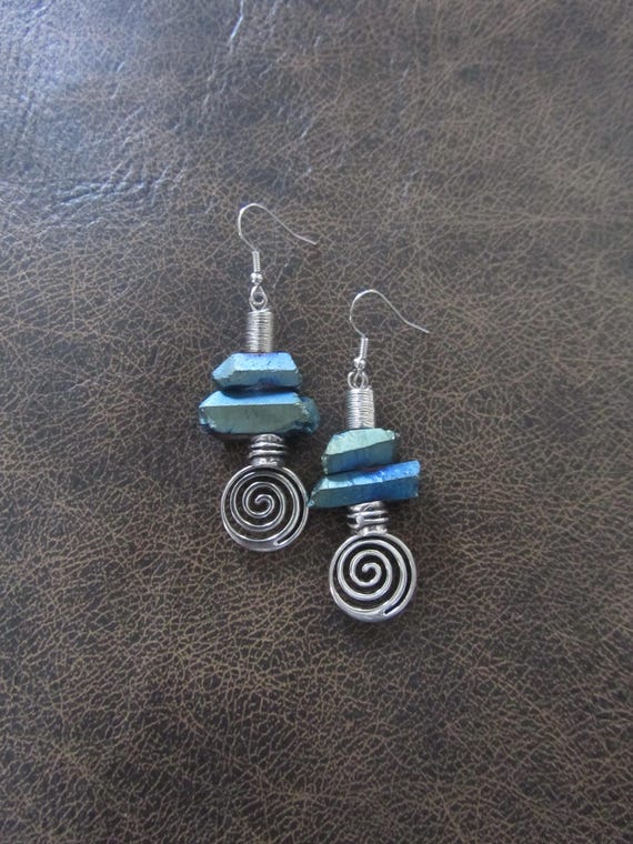 Raw quartz crystal earrings, blue and silver