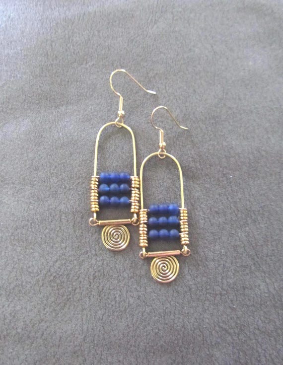 Blue frosted glass and gold chandelier earrings