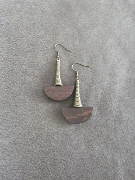 Brown wood and bronze Afrocentric dangle earrings