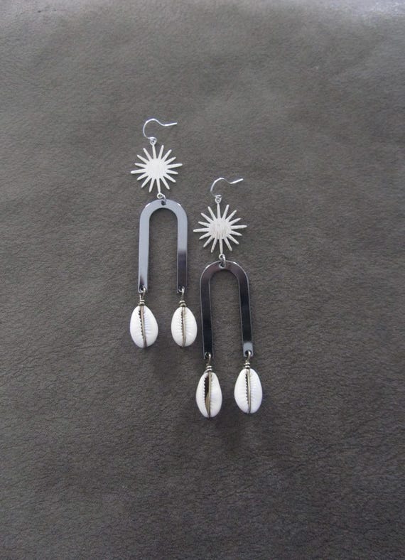 Modern silver and gunmetal cowrie shell earrings 22