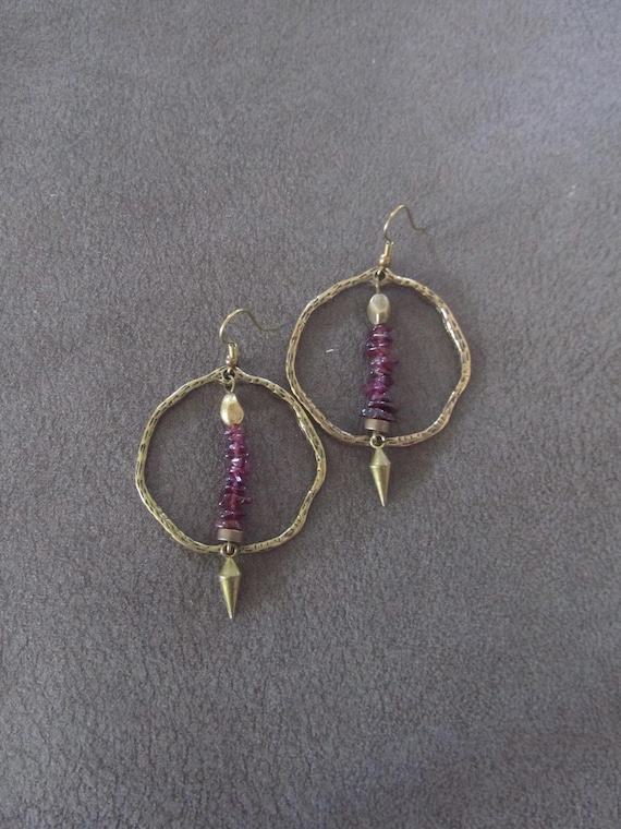 Bronze and garnet chip hoop earrings