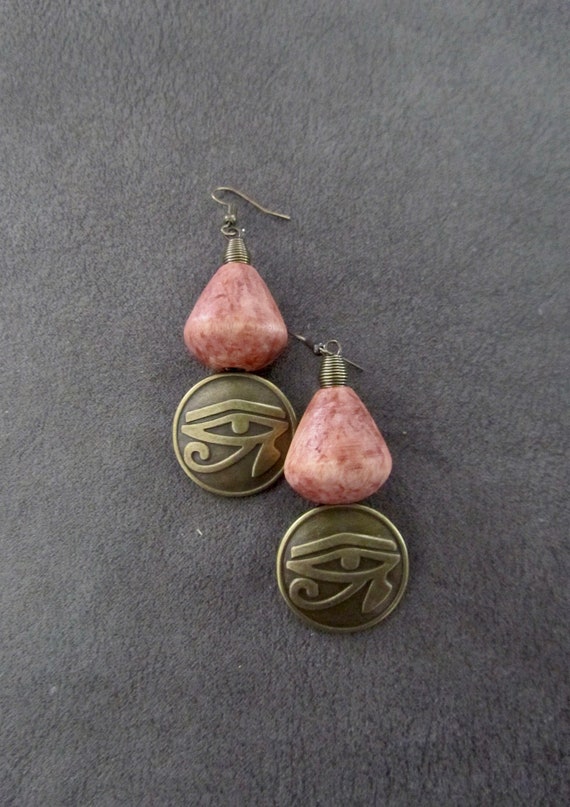 Egyptian African earrings, bold statement earrings, ethnic tribal earrings, stained wood, Afrocentric eye of Ra earrings, mythology