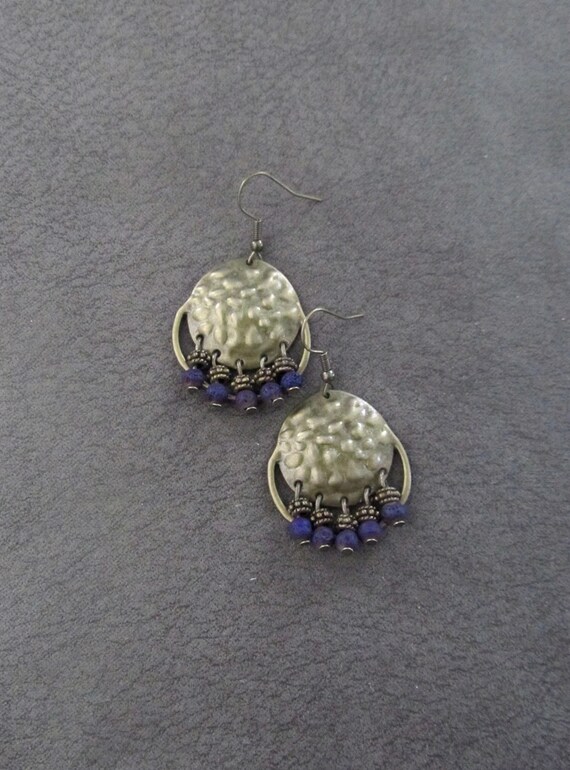 Chandelier earrings, hammered bronze and purple lava rock
