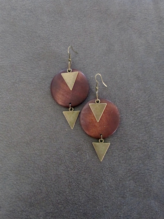 Brown wood earrings, minimalist earrings, boho bohemian earrings, geometric earrings, antique bronze mid century modern earrings
