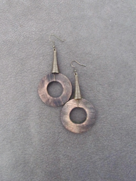 Huge Wood Earrings: Bronze Afrocentric Boho Earrings