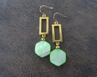 Mid century modern earrings gold and green mother of pearl shell earrings