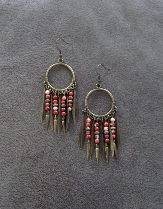 Boho chic beaded chandelier earrings, orange jasper