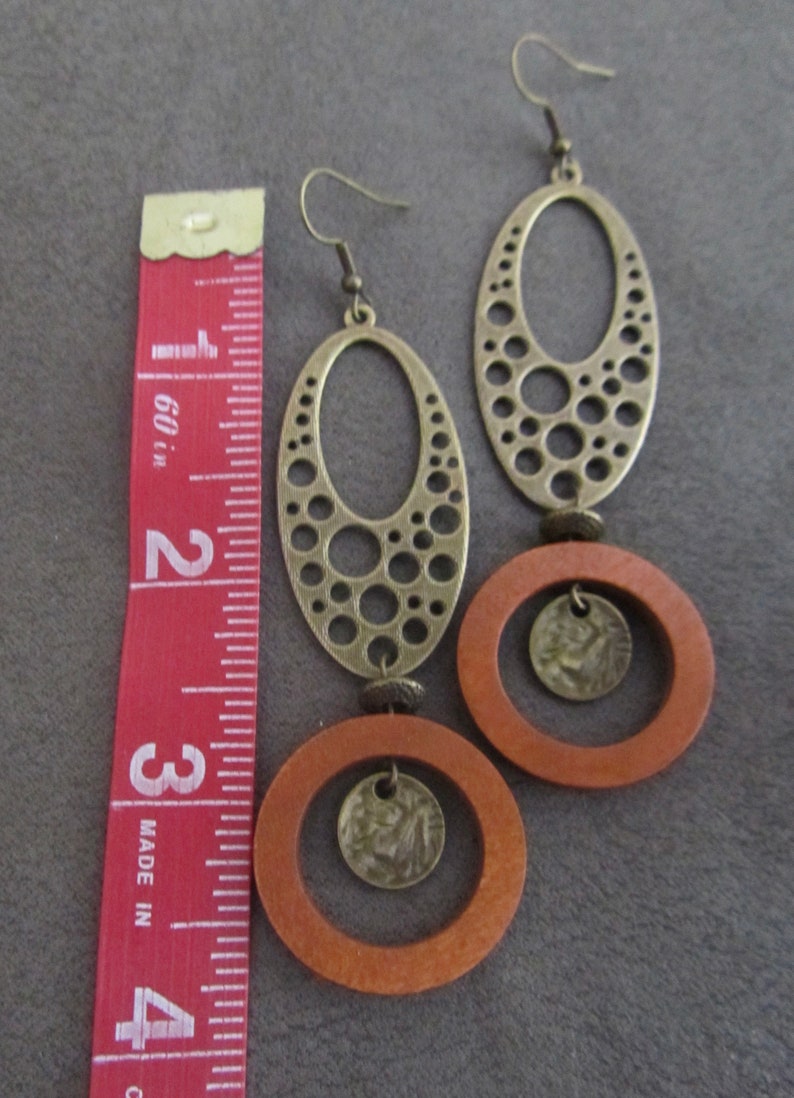 Orange wooden mid century modern geometric earrings image 2