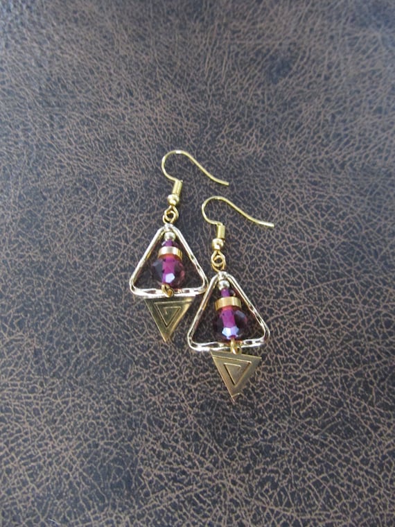 Hammered brass and crystal triangle earrings, purple