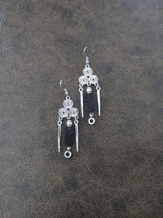 Bohemian silver and black chandelier earrings