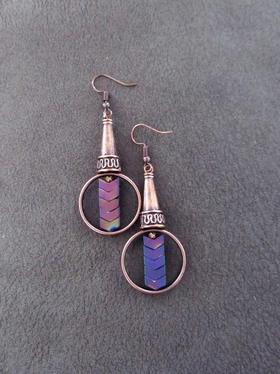 Copper and multicolor arrow geometric earrings