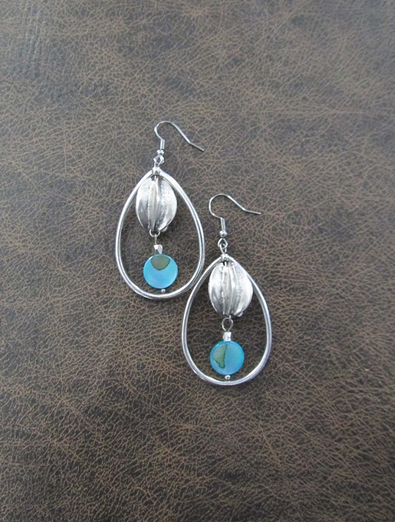 Silver and blue mother of pearl shell teardrop hoop earrings