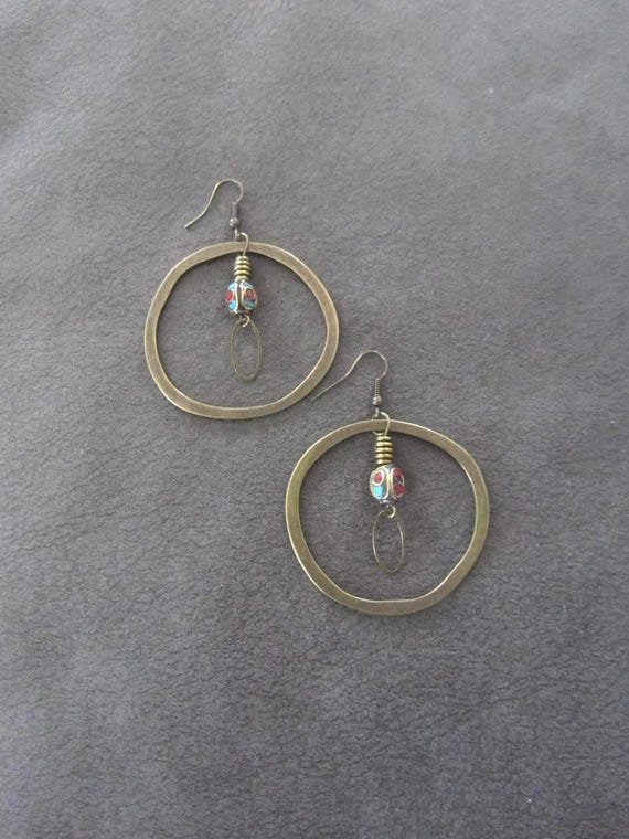 Gemstone inlay Tibetan style bronze hoop earrings 2