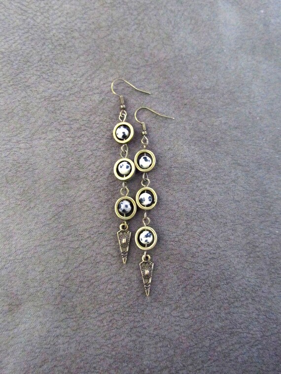 Dalmatian jasper and bronze dangle earrings