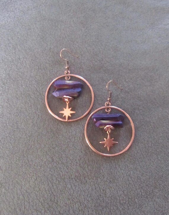 Raw Quartz Purple Crystal Earrings: Boho Copper Hoop Earrings