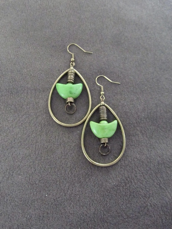 Bronze tear drop hoop  and green howlite earrings
