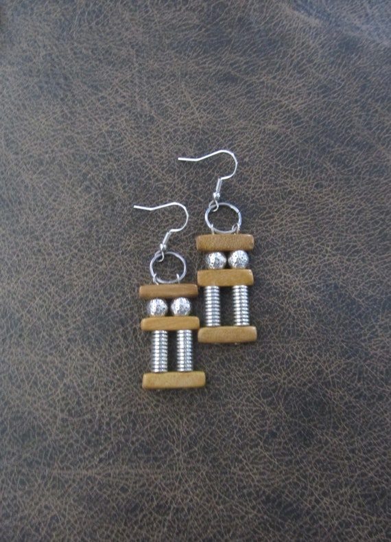 Mid century modern wooden and silver earrings