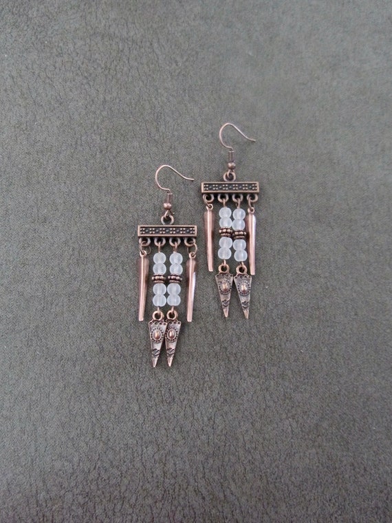 Frosted glass and copper chandelier earrings