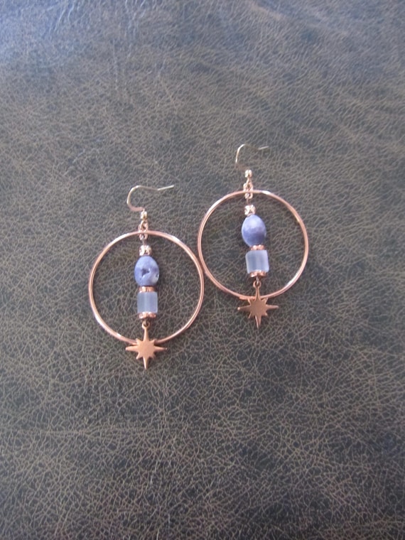 Druzy agate and copper hoop earrings, purple