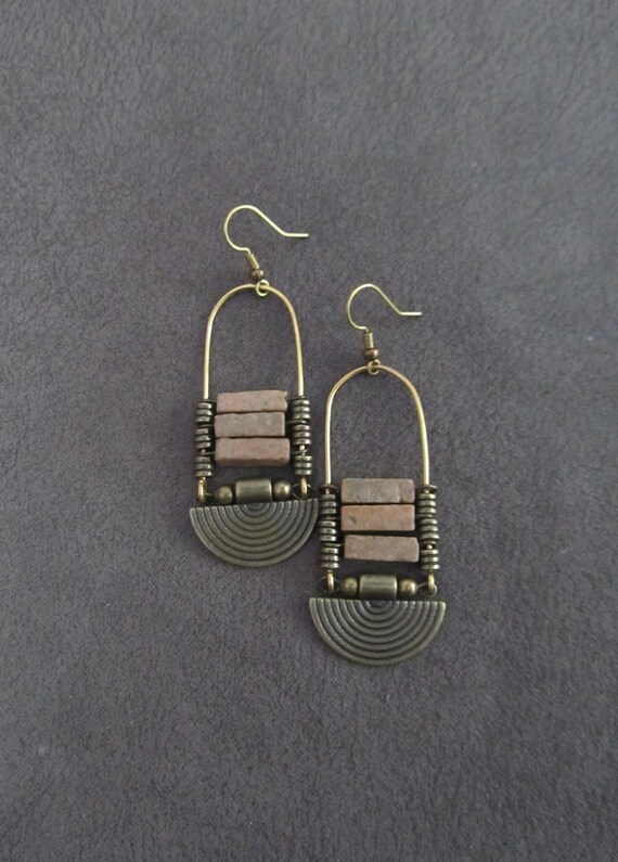 Chandelier earrings, Afrocentric jasper and bronze ethnic statement earrings, chunky bold earrings, African earrings, brown stone