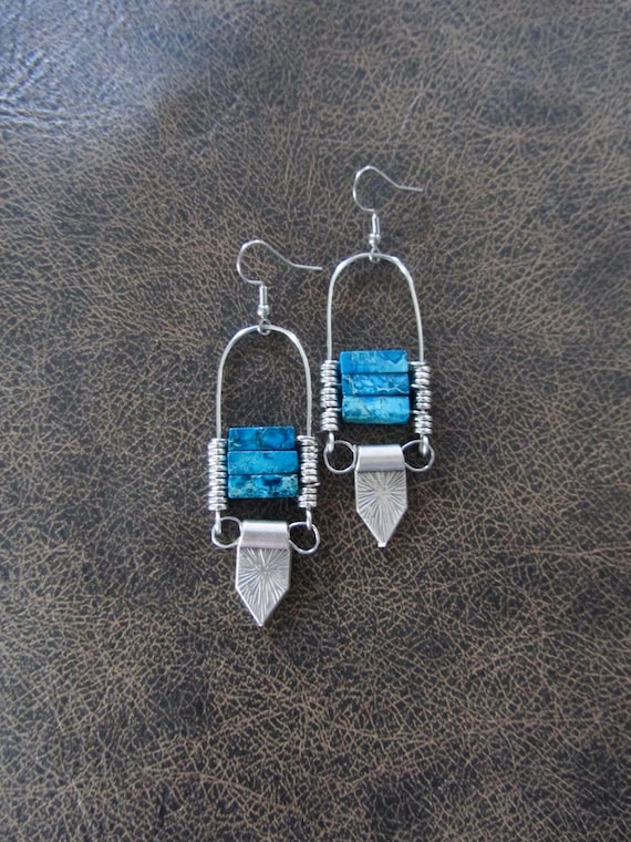 Silver tribal chandelier earrings, blue
