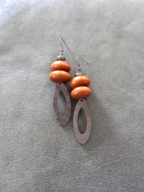 Chunky wooden geometric earrings, orange
