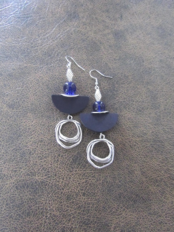 Blue wooden abstract earrings