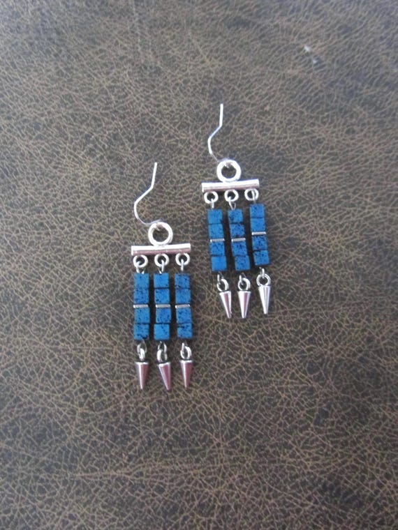 Electroplated royal blue lava rock and silver chandelier earrings
