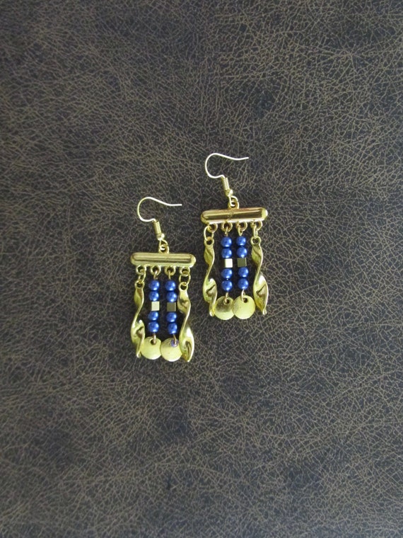 Chandelier earrings, blue and gold earrings