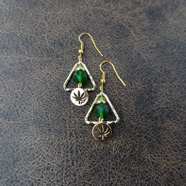 Hemp leaf earrings, marijuana earrings, etched earrings, hippie boho bohemian earrings, unique earrings, cannabis