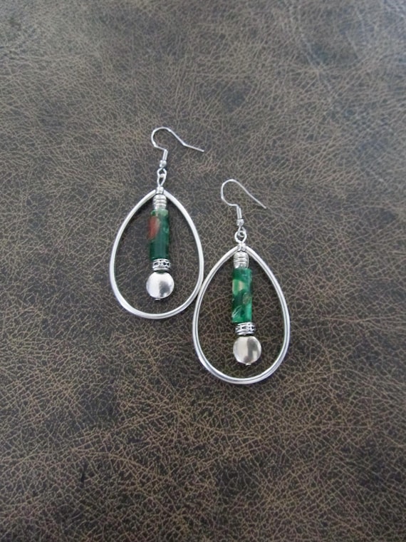 Silver and green imperial jasper hoop earrings