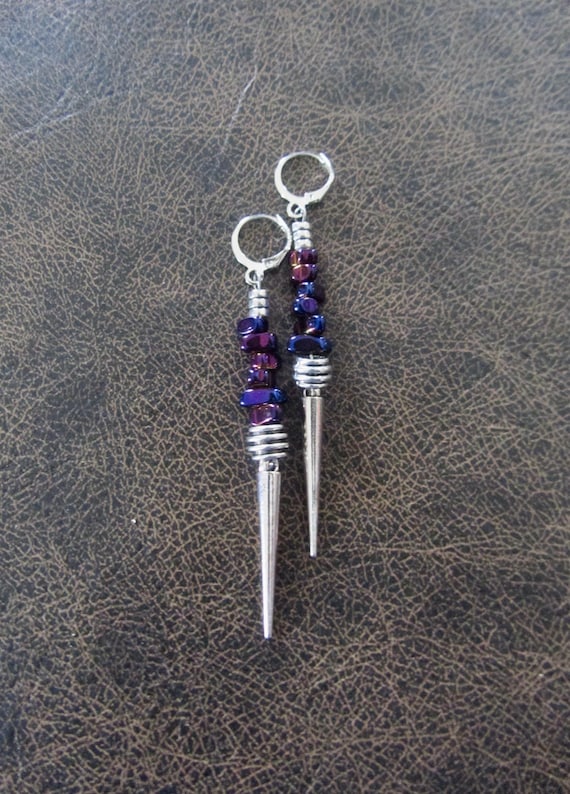 Abstract purple nugget and silver spike earrings