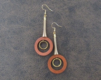 Large long wooden earrings, gold and orange dangle earrings,