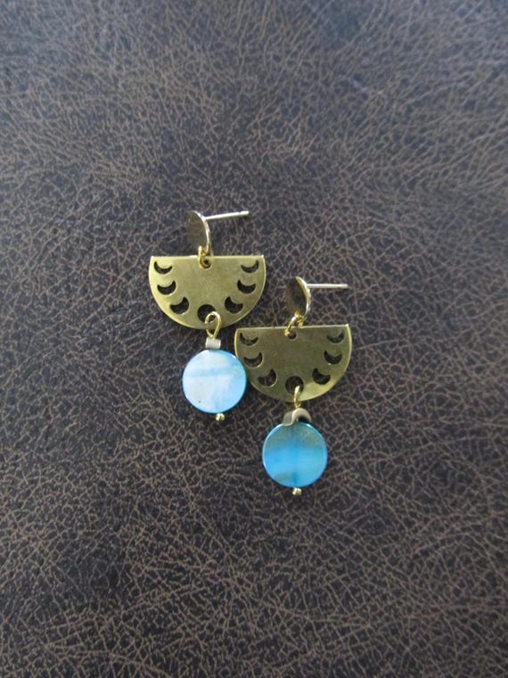 Brass and blue mother of pearl shell earrings