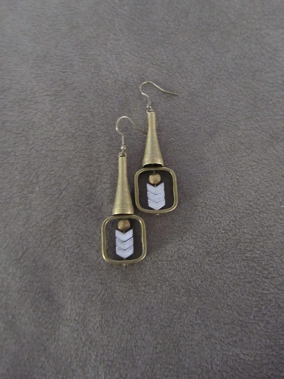 Bronze and silver geometric industrial earrings square