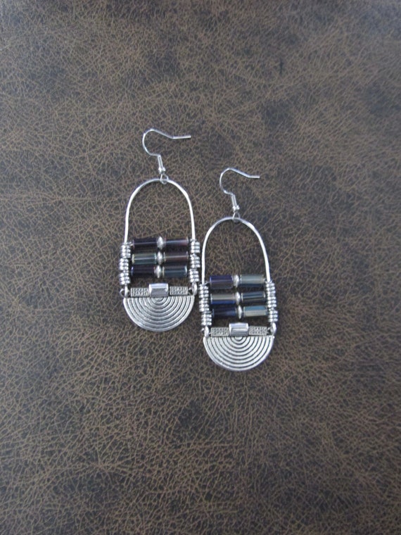 Iridescent glass and silver ethnic earrings