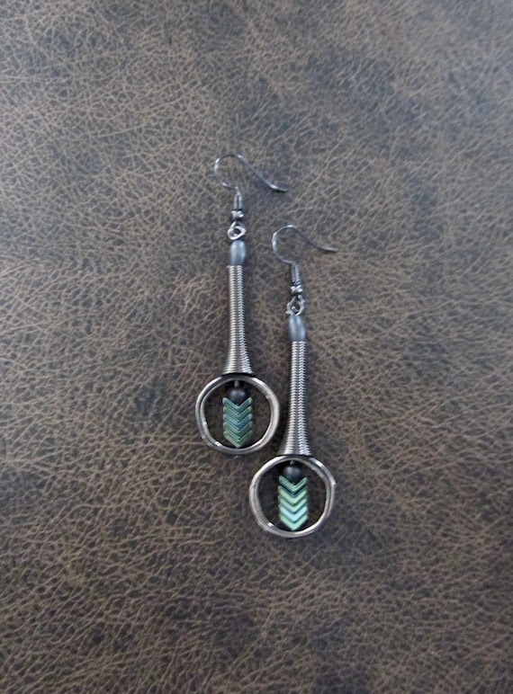 Gunmetal and green hematite arrow geometric earrings