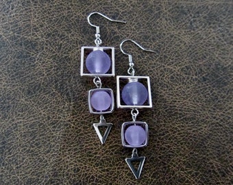 Purple frosted glass and silver square earrings