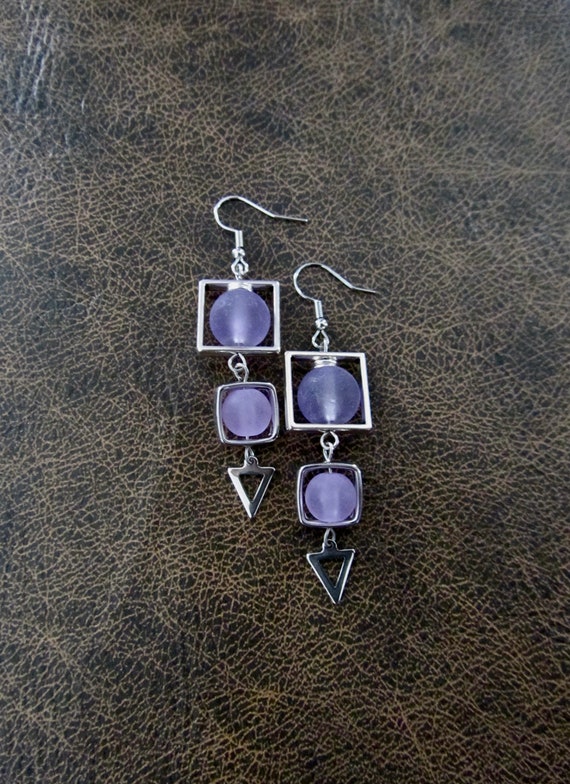 Purple frosted glass and silver square earrings