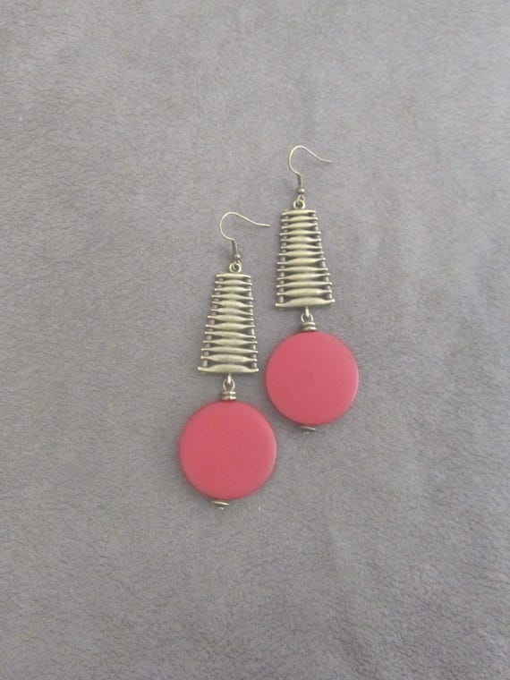 Large Red Wood Geometric Earrings, Bronze Afrocentric Statement Jewelry