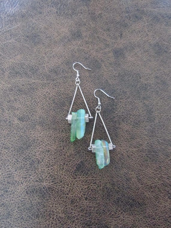 Raw quartz green crystal earrings, rustic boho chic earrings, unique geode, silver