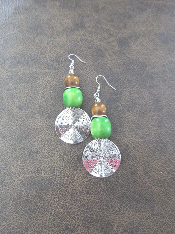 Large hammered silver and wooden earrings, green