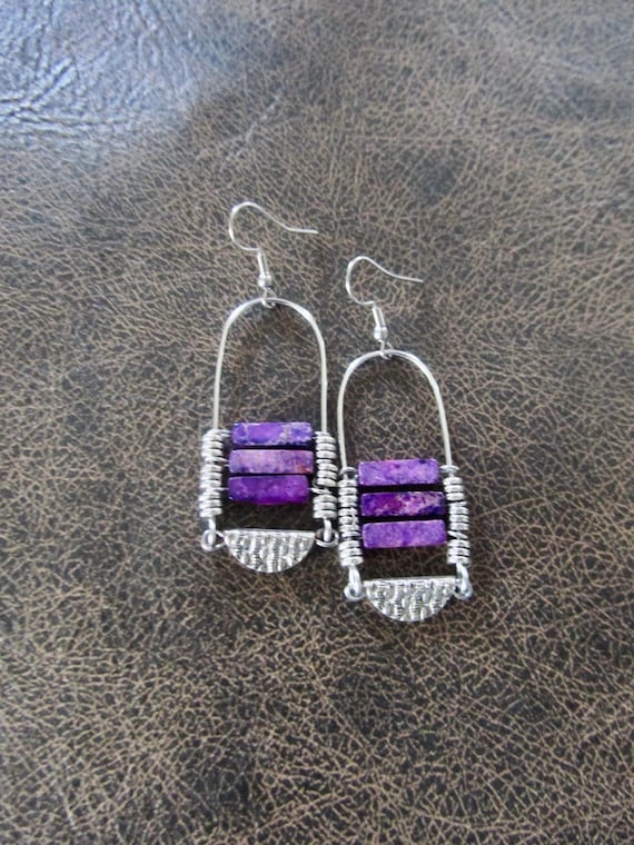 Purple Jasper Chandelier Earrings: Tribal Boho Style silver