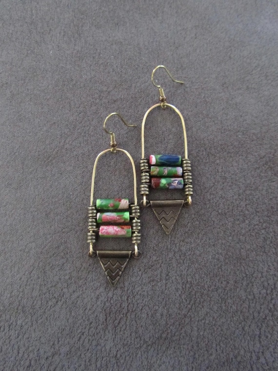 Chandelier earrings, Afrocentric mosaic jasper, antique bronze earrings, ethnic statement earrings