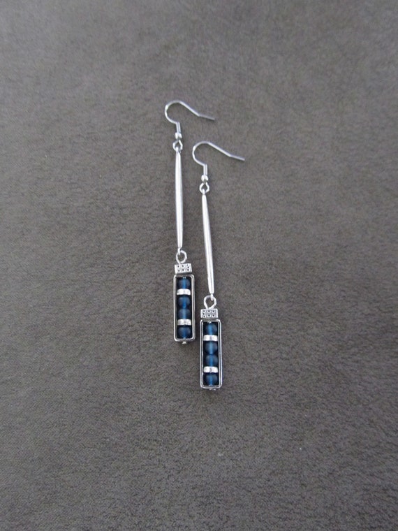 Long blue sea glass and silver earrings