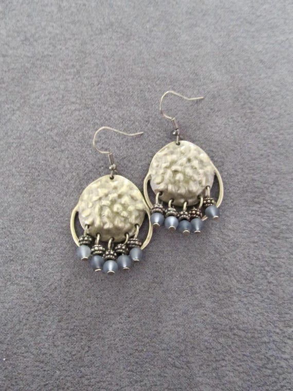 Gray frosted glass and hammered bronze chandelier earrings