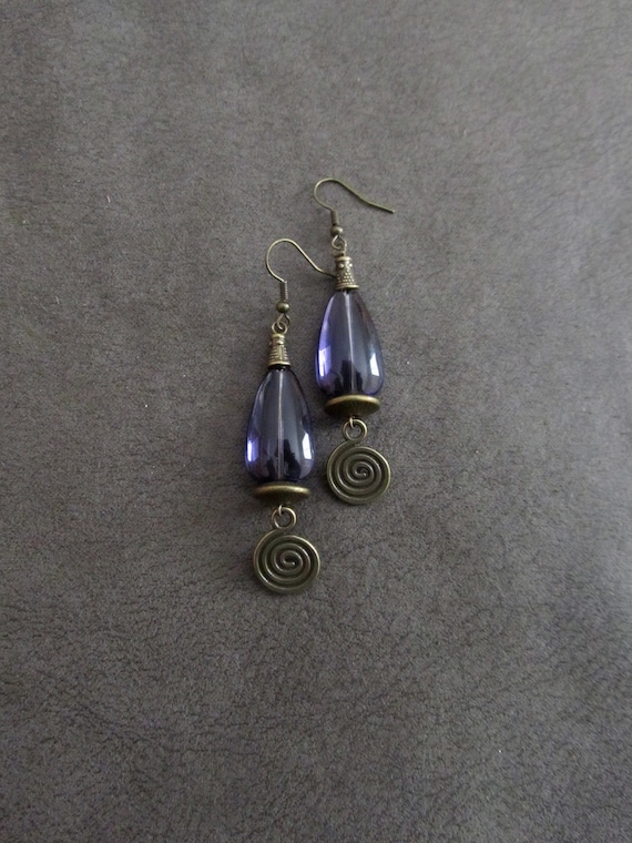 Mid century modern earrings, purple glass earrings, bronze dangle earrings, Art Deco unique, Brutalist bohemian artisan vintage earrings