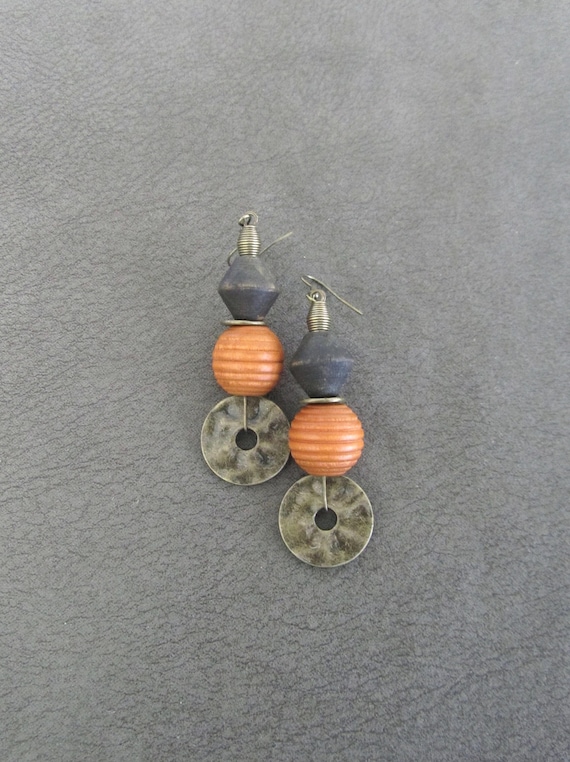 Hammered Bronze Earrings: Geometric Wood Bead Dangle